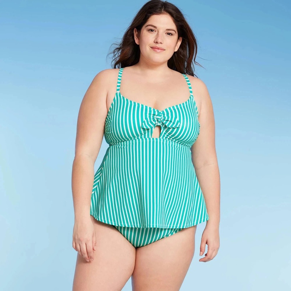 Kona Sol Women's Plus Size Tankini Top Green Stripe 16W Bottom 14W‎
